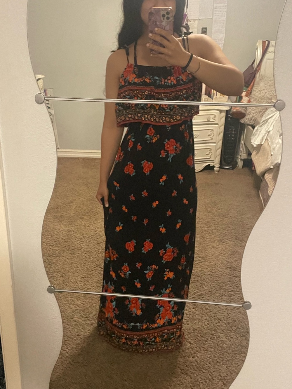 American eagle Black Floral Maxi Dress with Red Bloom